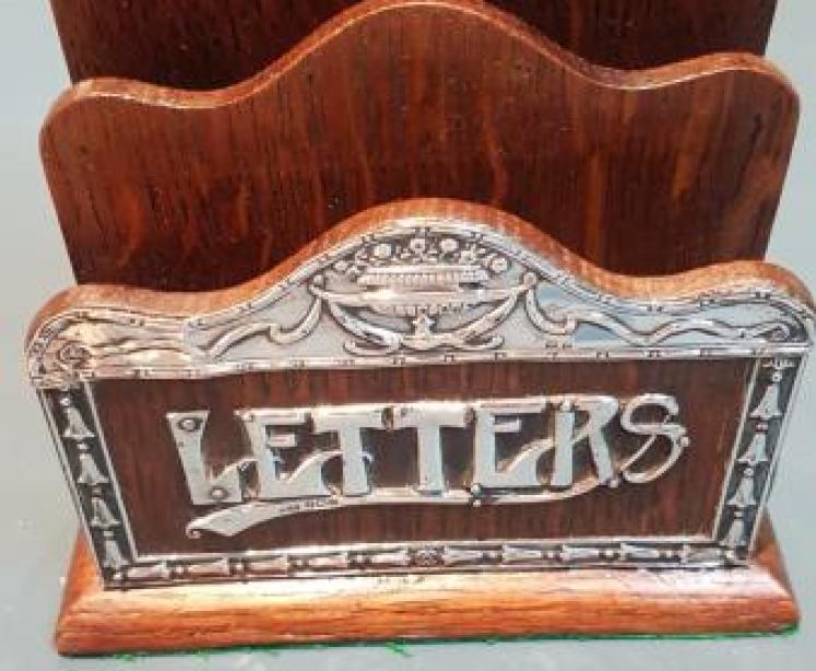 Antique Oak & Silver Mounted Letter Rack - Image 1