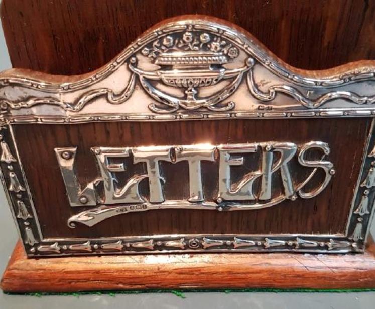 Antique Oak & Silver Mounted Letter Rack - Image 5