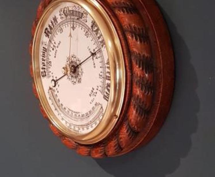 Antique Oak Ships Barometer with Crescent Thermometer - Image 2
