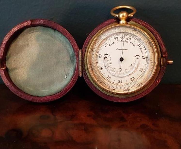 Victorian Pocket Barometer with Crescent Thermometer - Image 1