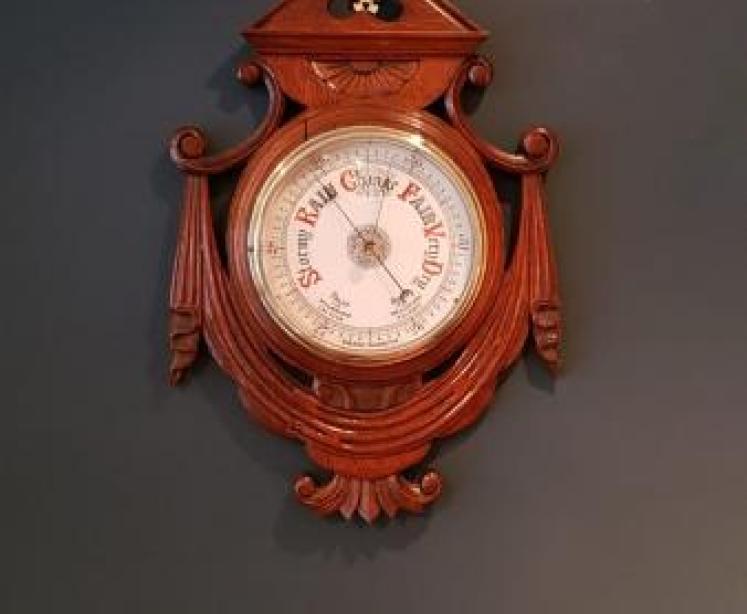 Large Antique Carved Oak Aneroid Barometer - Image 1