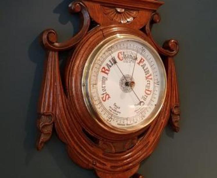 Large Antique Carved Oak Aneroid Barometer - Image 2