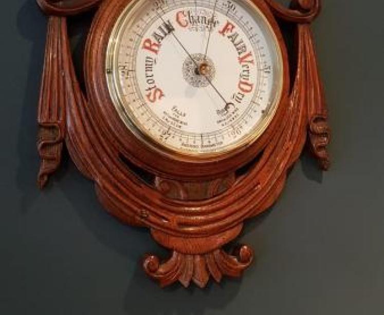 Large Antique Carved Oak Aneroid Barometer - Image 6