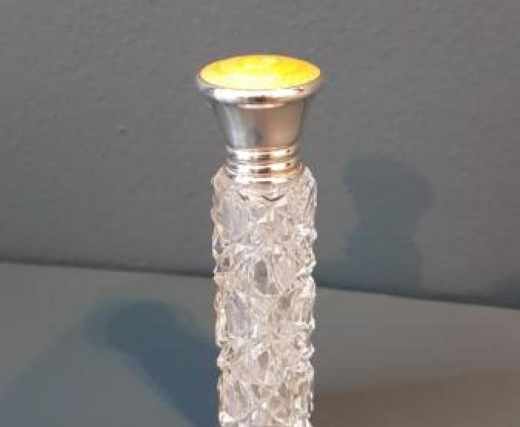 Cut Crystal and Silver Engine Turned Enamel Scent Bottle - Image 1