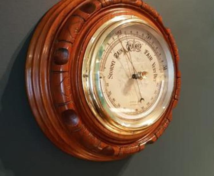 Antique Silver Dial Aneroid Barometer with Crescent Thermometer - Image 2