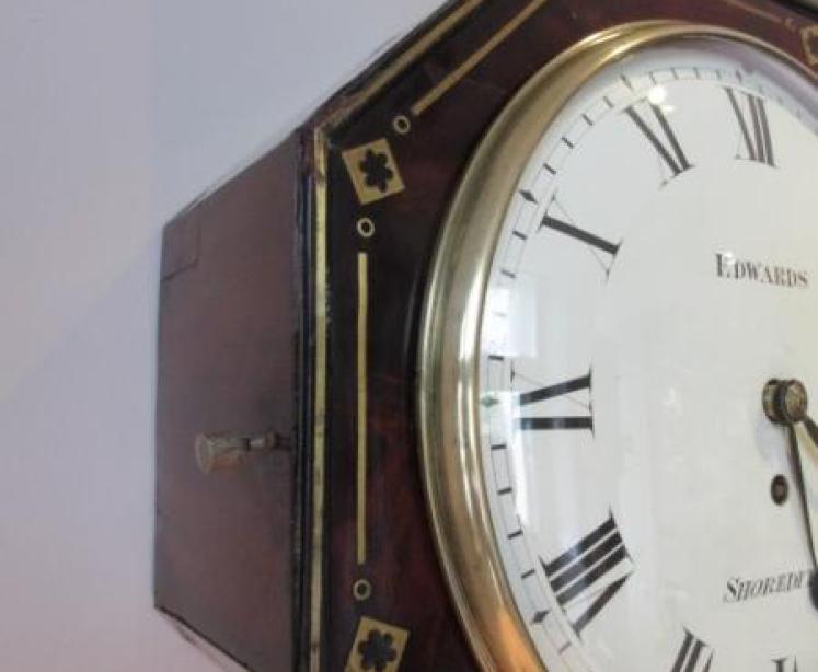 Antique Flame Mahogany & Brass Inlaid Fusee Wall Clock - Image 3