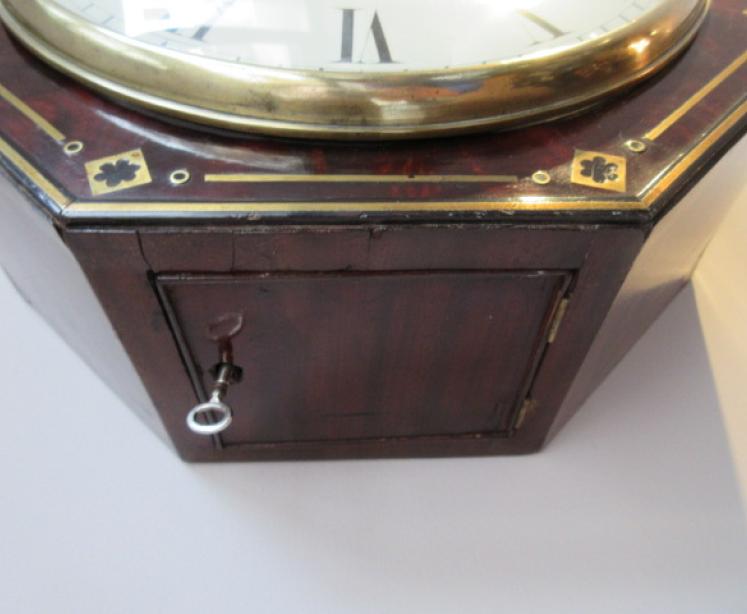 Antique Flame Mahogany & Brass Inlaid Fusee Wall Clock - Image 4