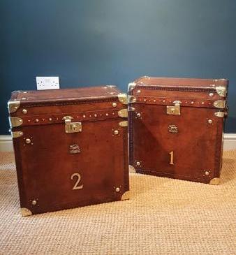 Pair of Antique Leather Bound Military Trunks