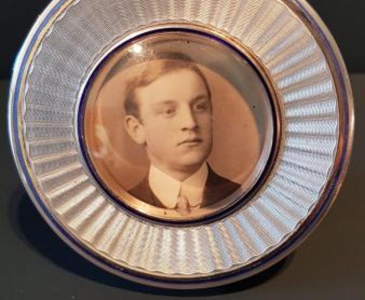 Silver and Pale Blue Engine Turned Enamel Photo Frame - Image 1