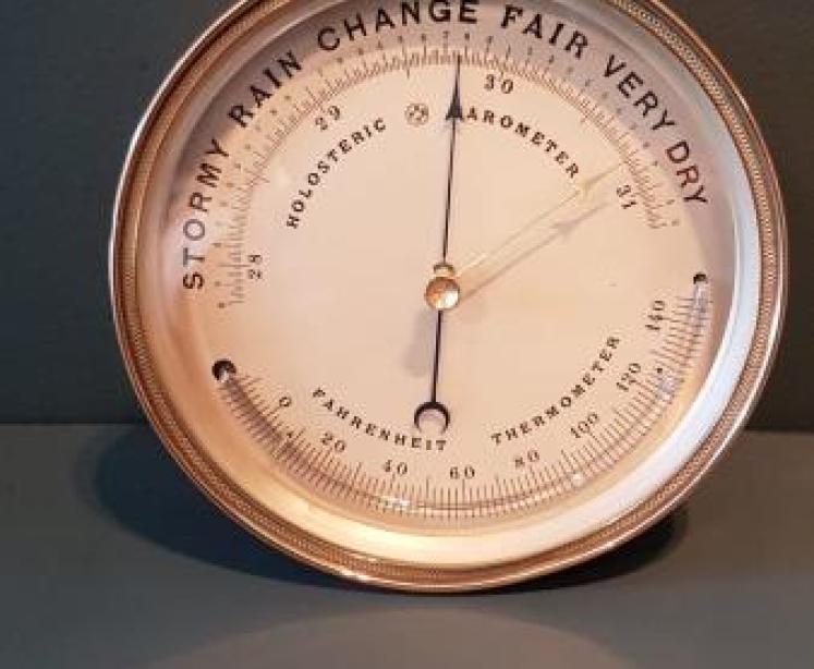 Victorian Brass Cased Marine Barometer with Crescent Thermometer - Image 1