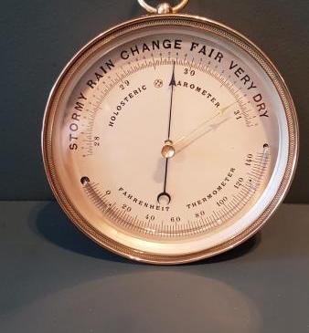 Victorian Brass Cased Marine Barometer with Crescent Thermometer
