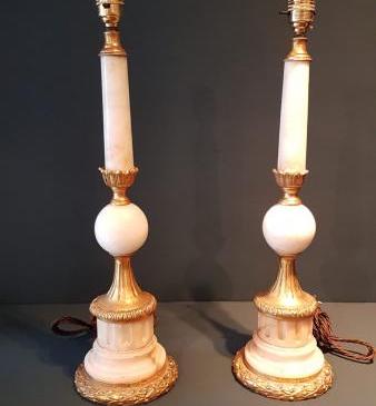 Matching Pair of 1920's Alabaster and Ormolu Table Lamps
