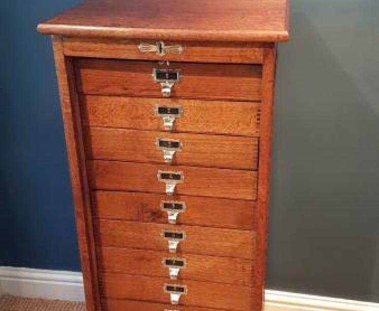 Antique Edwardian Solid Oak Tambour Front File Cabinet - Image 1