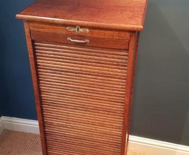 Antique Edwardian Solid Oak Tambour Front File Cabinet - Image 2