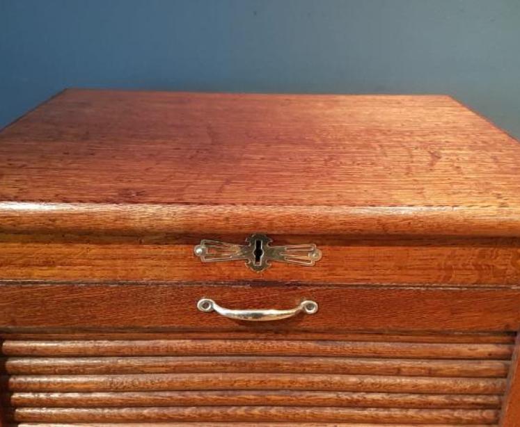 Antique Edwardian Solid Oak Tambour Front File Cabinet - Image 5