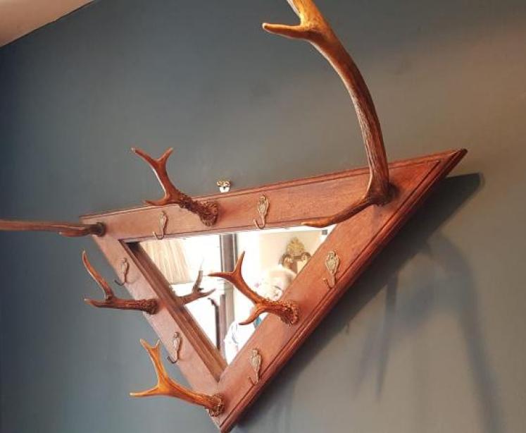Edwardian Oak Hall Mirror With Antler Coat Hooks  - Image 1