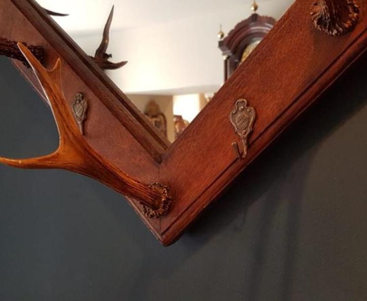 Edwardian Oak Hall Mirror With Antler Coat Hooks  - Image 3
