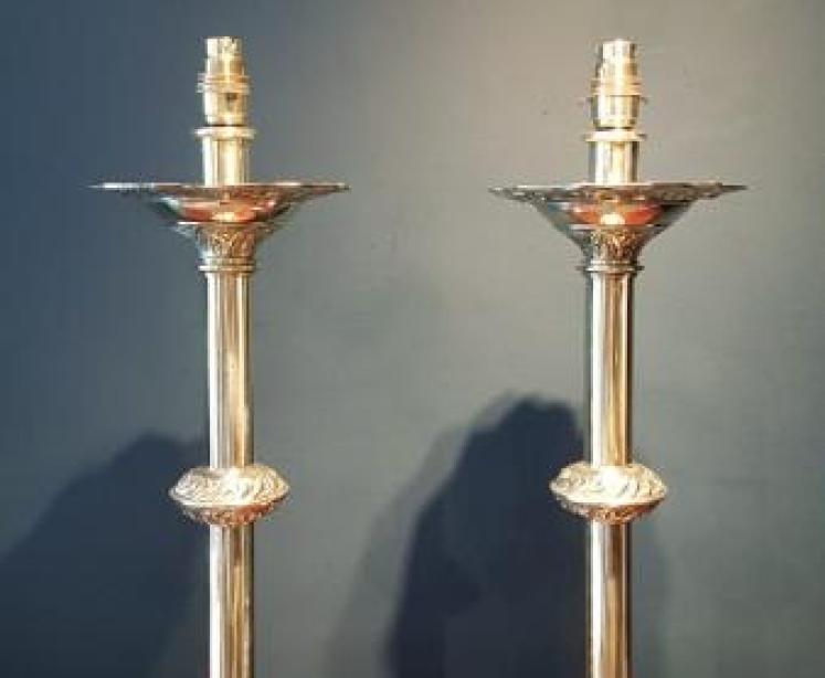 Pair of Victorian Cast Brass Church Candlesticks Lamps - Image 1