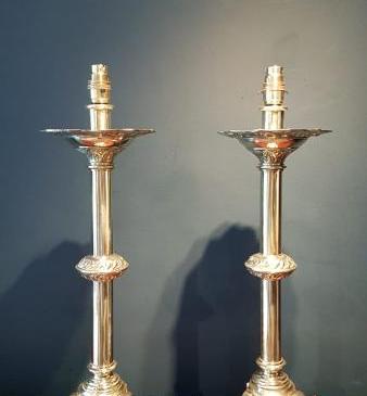 Pair of Victorian Cast Brass Church Candlesticks Lamps