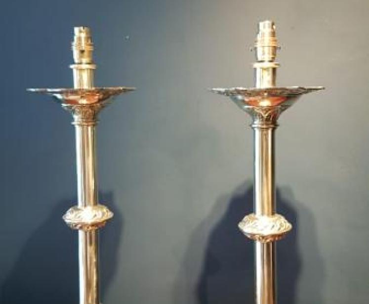 Pair of Victorian Cast Brass Church Candlesticks Lamps - Image 2