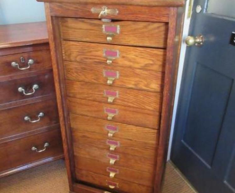 Antique Polished Oak Tambour Front Filing Cabinet - Image 1