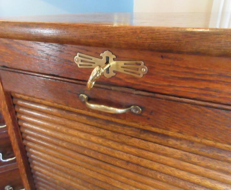 Antique Polished Oak Tambour Front Filing Cabinet - Image 6