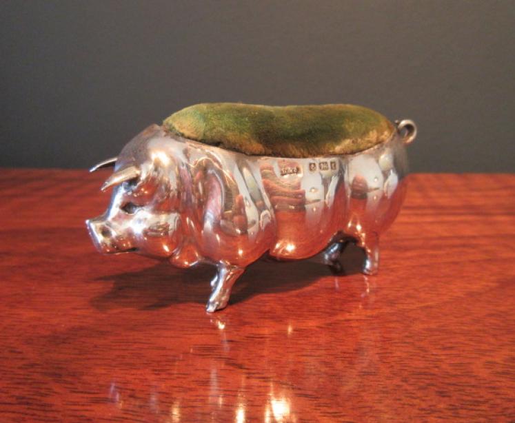 Large Antique Silver Pig Pin Cushion - Image 1