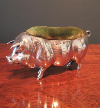 Large Antique Silver Pig Pin Cushion