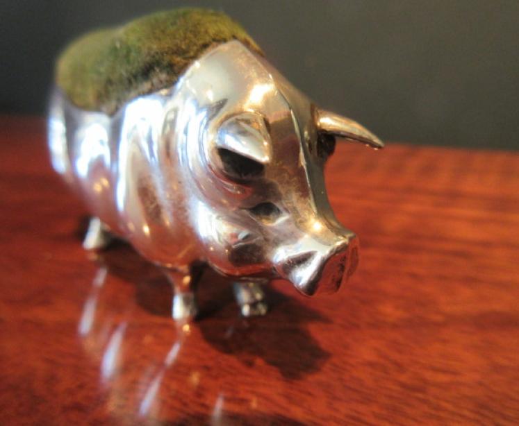 Large Antique Silver Pig Pin Cushion - Image 5