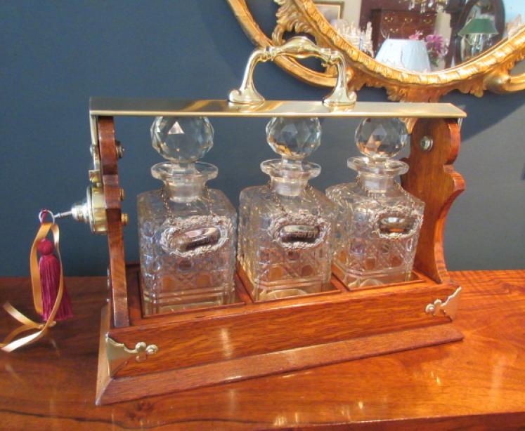 Late Victorian Polished Oak Three Bottle Tantalus - Image 7
