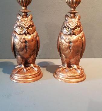 Pair of Edwardian Bronzed Owl Candlesticks