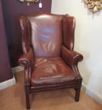 Superb Antique Tan Leather Wing Armchair