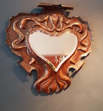 Arts and Crafts Copper Heart Shaped Mirror