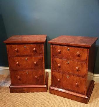 Matching Pair of Antique Victorian Burr Walnut Bedside Chests