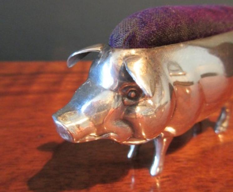 Large Antique Solid Silver Pig Pin Cushion - Image 2