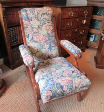 Mid Victorian Walnut Upholstered Reclining Armchair