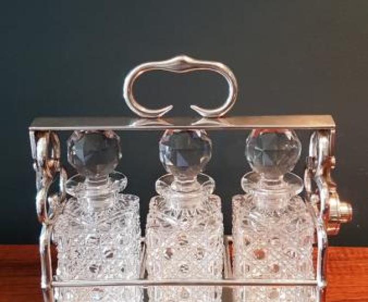 Victorian Silver Plate and Cut Crystal Three Bottle Tantalus - Image 1