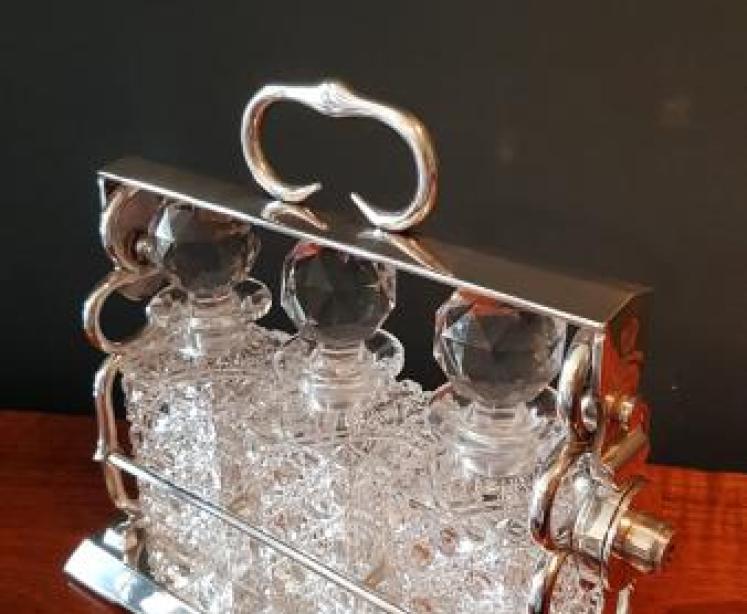 Victorian Silver Plate and Cut Crystal Three Bottle Tantalus - Image 6