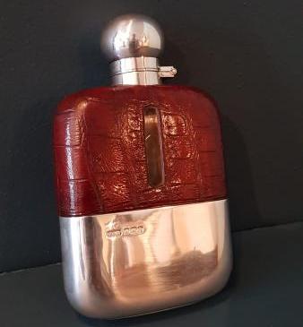 George V Antique Silver and Crocodile Skin Hip Flask