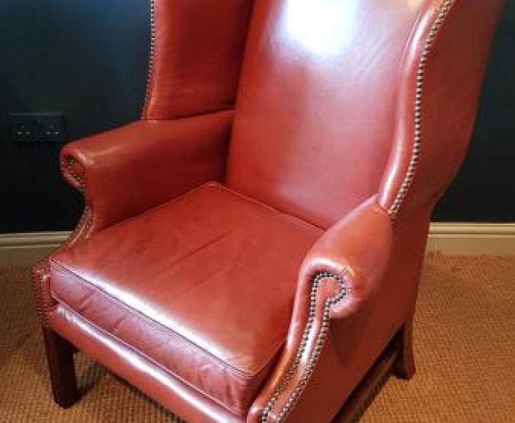 Original 1920's Red Hide Wing Back Arm Chair - Image 1