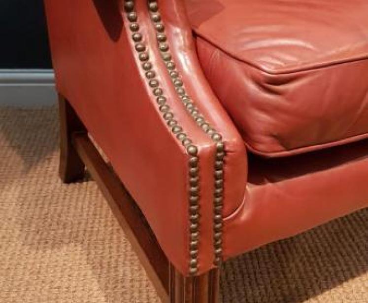 Original 1920's Red Hide Wing Back Arm Chair - Image 4