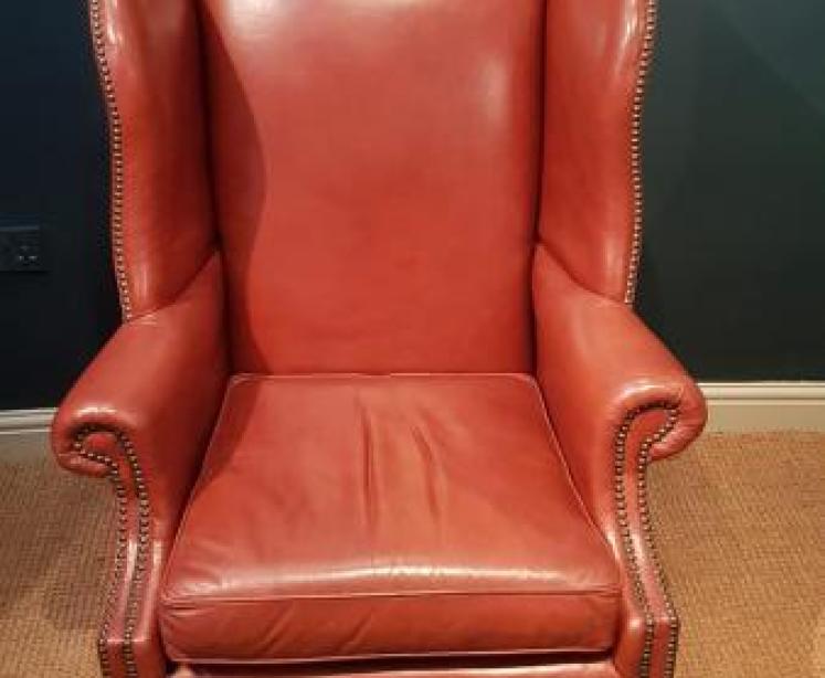 Original 1920's Red Hide Wing Back Arm Chair - Image 5