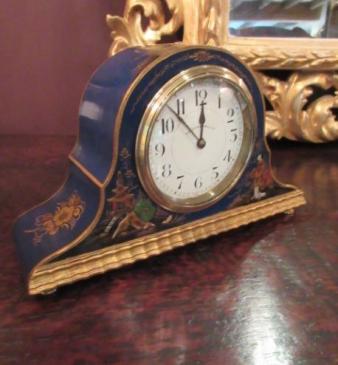 Antique Chinioserie Blue Lacquered Mantel Clock