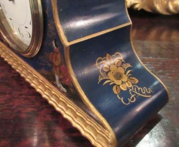 Antique Chinioserie Blue Lacquered Mantel Clock - Image 7