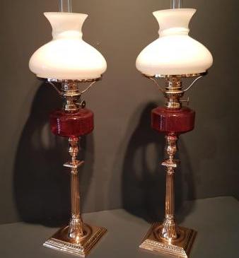 Matching Pair of Victorian Cranberry Glass Oil Lamps