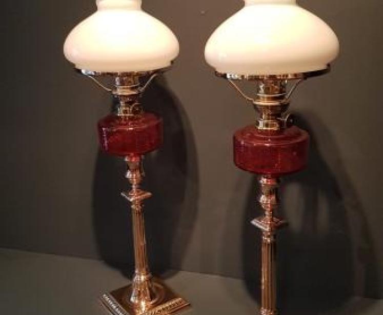 Matching Pair of Victorian Cranberry Glass Oil Lamps - Image 2