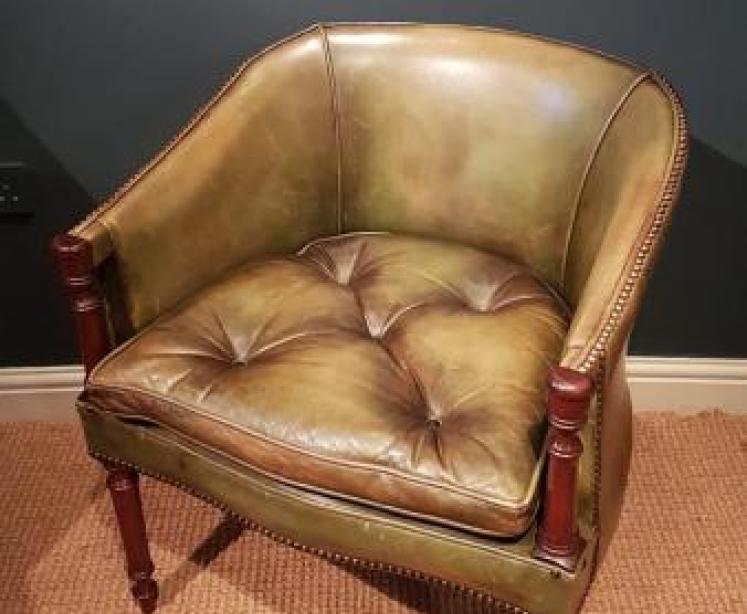 1920's Olive Hide Tub Chair - Image 7