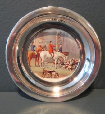 Edwardian Period Silver & Porcelain Hunting Scene Tray