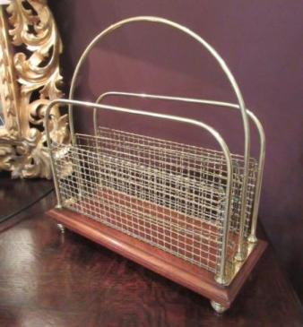 Antique Solid Brass & Oak Magazine Rack
