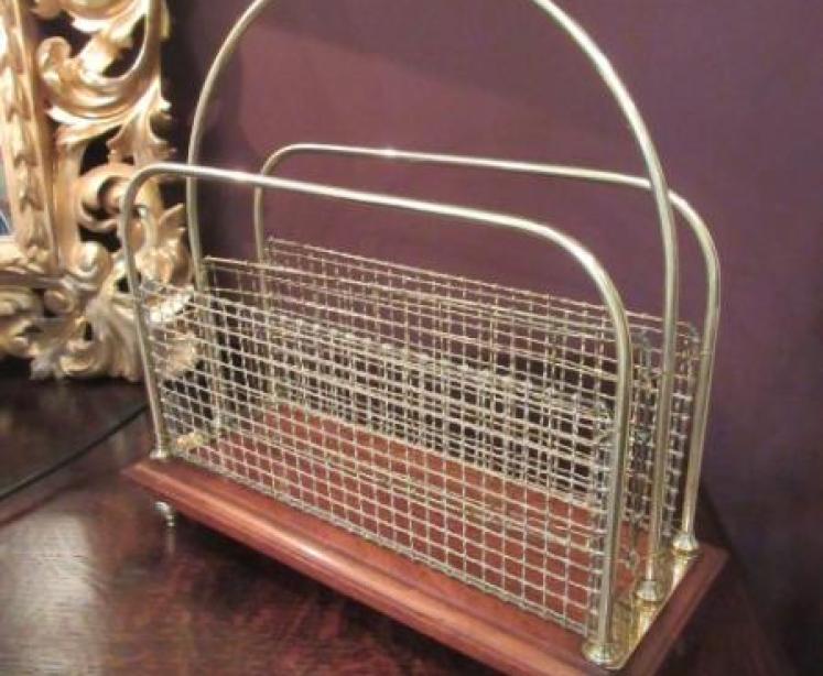 Antique Solid Brass & Oak Magazine Rack - Image 1